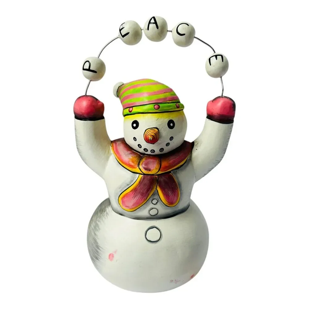 Contemporary Hand Painted Wooden Snowman Wired Peace Fair Trade Whimsical Figure